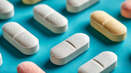 White tablets arranged in a geometric pattern on a light blue surface. 