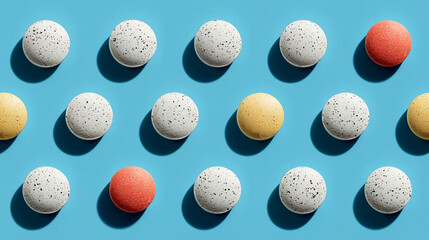 White tablets arranged in a geometric pattern on a light blue surface. 