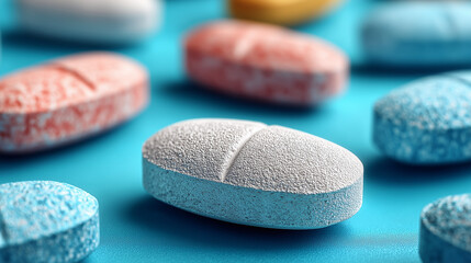 White tablets arranged in a geometric pattern on a light blue surface. 