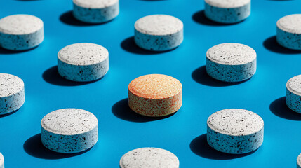 White tablets arranged in a geometric pattern on a light blue surface. 