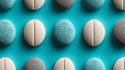 White tablets arranged in a geometric pattern on a light blue surface. 