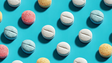 White tablets arranged in a geometric pattern on a light blue surface. 