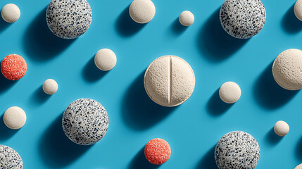 White tablets arranged in a geometric pattern on a light blue surface. 