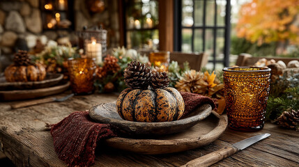 A rustic wooden table setting with burgundy napkins and a pinecone centerpiece, glowing warmly.