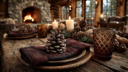 A rustic wooden table setting with burgundy napkins and a pinecone centerpiece, glowing warmly.