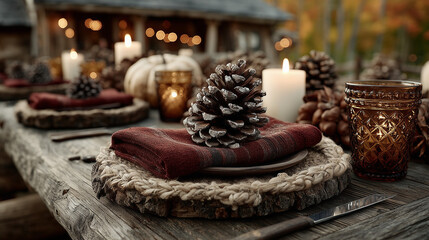 A rustic wooden table setting with burgundy napkins and a pinecone centerpiece, glowing warmly.