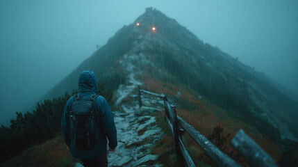 Lone traveler with backpack on narrow misty mountain trail. 