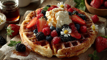 A delicious breakfast spread featuring waffles, berries, and coffee from a high-angle view. 