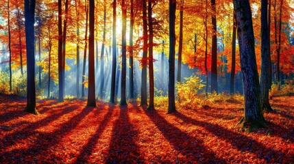 Obraz premium Forest scene bathed in warm sunlight, trees with autumn colors, shadows cast on the ground