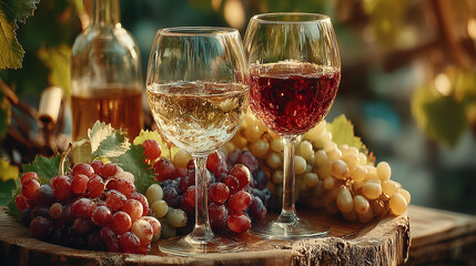 Glasses of red and white wine with ripe grapes on a wooden table in a rustic vineyard setting. 