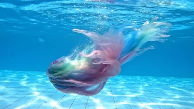 Ethereal Fabric Swirls Underwater: A Symphony of Color and Light in a Pool