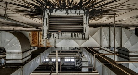 Grungy Industrial Ceiling with Dripping Stains and Exposed HVAC Ducts in Abandoned Building; Urban Decay and Neglected Infrastructure