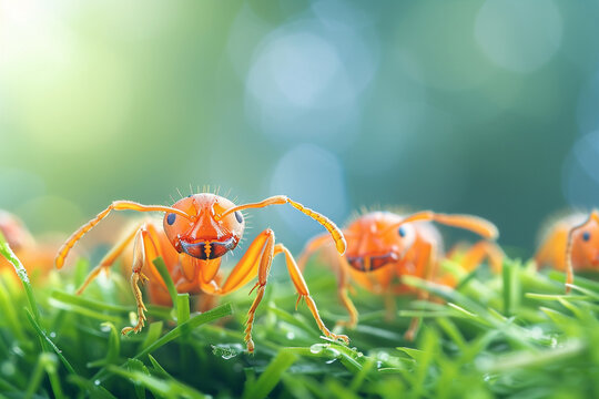 A group of industrious ants exploring a lush green grassy landscape in search of food and adventure, showcasing the beauty and wonder of nature's tiny creatures