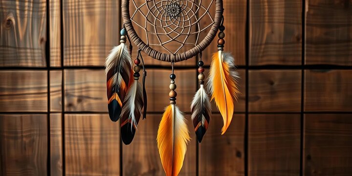 Intricate woven dreamcatcher with feathers and beads, hanging against a rustic wooden background,   boho,  detail