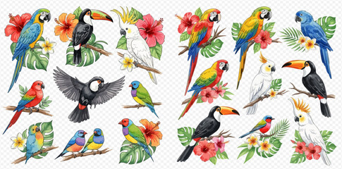 Vibrant watercolor illustration of various tropical birds including macaws, toucans, cockatoos, and finches, surrounded by exotic hibiscus flowers and lush green foliage. © studio