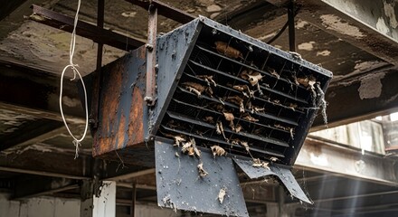 Rusted industrial ventilation unit in a crumbling abandoned factory, showcasing urban decay and neglect