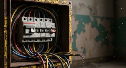 Vintage Industrial Electrical Fuse Box with Exposed Colorful Wiring and Circuit Breakers in a Dilapidated Setting