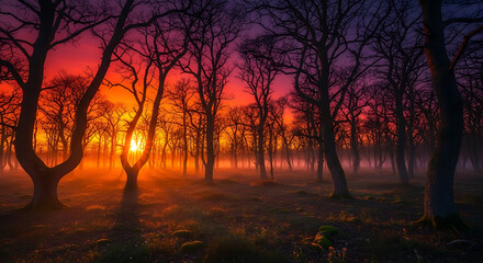 Ethereal forest scene with bare trees silhouetted against a vibrant orange and purple sunset sky, casting long shadows.