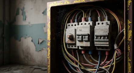 Rusty Industrial Electrical Panel with Tangled Wires and Old Circuit Breakers in Abandoned Grungy Room, Peeling Wall Background