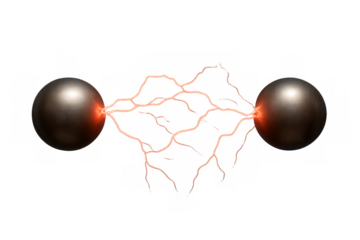 Electrical discharge sparking between two metallic spheres, creating an energy connection concept with transparent background