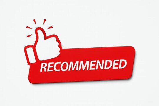 Red banner with a white thumbs up icon and the word recommended in white text on a white background