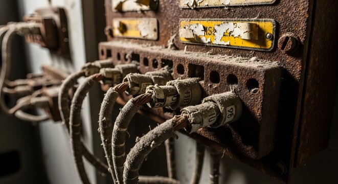 Gritty Close-up of Decaying Vintage Industrial Control Panel with Rusty Connectors, Dusty Frayed Wiring, and Peeling Paint, Symbolizing Obsolescenc... - Powered by Adobe