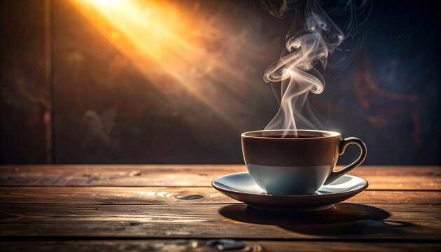 A steaming cup of coffee sits on a saucer atop a rustic wooden table, illuminated by a warm, golden light.