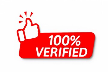 Red 100 percent verified stamp with thumbs up icon indicating approval and quality assurance