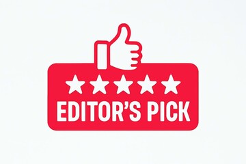 Obraz premium Red sign with five white stars and a thumbs up icon indicating editor s pick or top choice