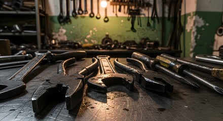 Assortment of various metal hand tools spread on a grimy workbench in a dimly lit workshop, ready for repair or maintenance work