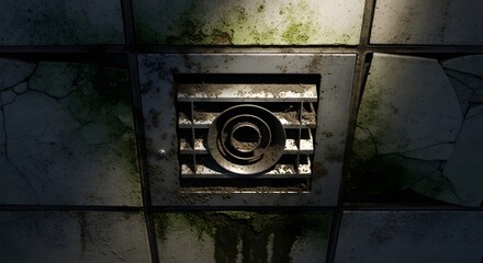Grungy Industrial Air Vent on Mold-Stained Ceiling Tiles, Illuminated by Dramatic Light, Depicting Decay and Neglect
