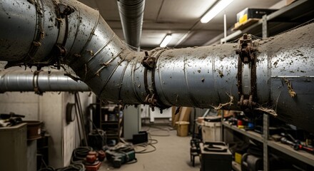 Naklejka premium Aging industrial utility pipes, heavily insulated and dusty, traversing a dimly lit, cluttered basement or storage room, highlighting old infrastru...