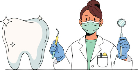 Fototapeta premium Cartoon illustration of a dentist holding dental tools next to a sparkling tooth, promoting oral hygiene and dental care.