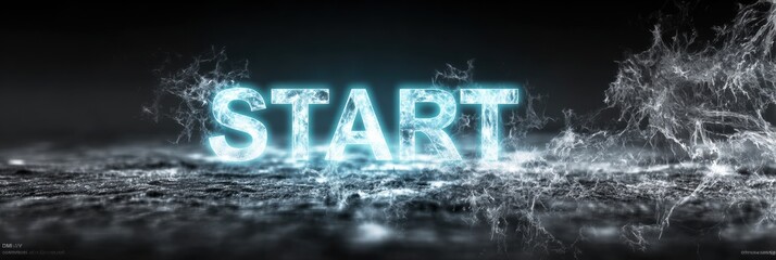 Dynamic Glowing Start Word on a Dark Background With Energy Effects in a Modern Digital Style