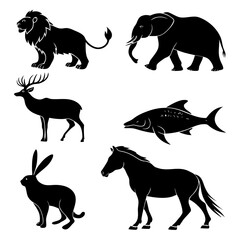 Collection of black silhouette animals including lion elephant deer rabbit fish and horse