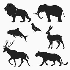 Collection of diverse animal silhouettes including lion elephant dolphin deer rabbit bird and tiger