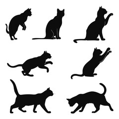 Collection of black cat silhouettes in various poses and actions on white background