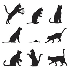 Collection of black cat silhouettes in various playful and resting poses on white background