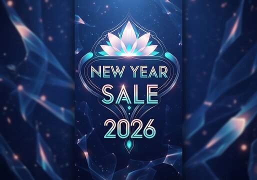 Abstract blue and teal background with sparkling lights and a central graphic announcing new year sale 2026, perfect for promotional use