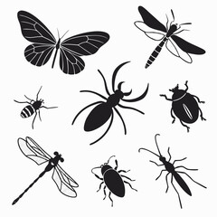 Collection of black silhouette insects including a butterfly dragonfly spider beetle and ants on a white background