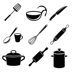 Collection of black silhouette kitchen utensils and cooking tools on a white background