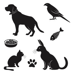 Collection of black silhouette icons representing various pets and their food items on a white background