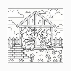 Cute cartoon animals wearing hard hats and overalls building a house together and high fiving