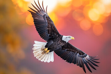 Obraz premium A majestic eagle soaring gracefully through the colorful evening sky, showcasing its strength and beauty in a breathtaking display of nature's wonders 