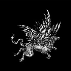 Obraz premium A detailed black and white illustration of a majestic griffin, a mythical creature with the body of a lion and the head and wings of an eagle.