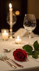 Romantic dinner setup with a single red rose and lit candles.