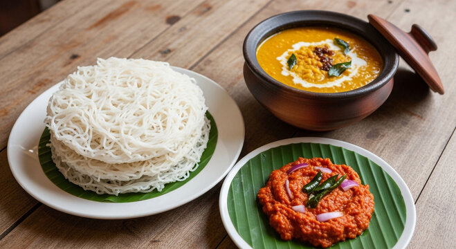 A traditional Sri Lankan meal of string hoppers, or idiyappam, served with dhal curry and coconut sambol on a rustic wooden table.