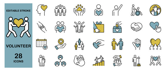 Volunteer Icon Set – Charity, Donation, Community, Teamwork, Cooperation and Animal welfare. Editable Stroke, Colored Vector Illustration