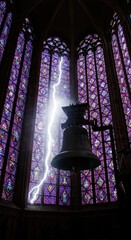 Obraz premium Lightning strikes a bell within a grand cathedral with ornate stained glass windows.