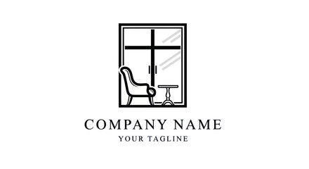 Minimalist line art logo of a chair and table by a window.